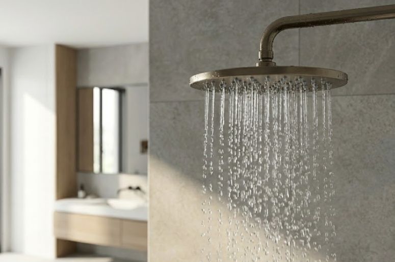 Banheiro com chuveiro ligado