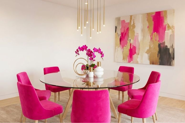 Sala de jantar com decora&ccedil;&atilde;o rosa pink