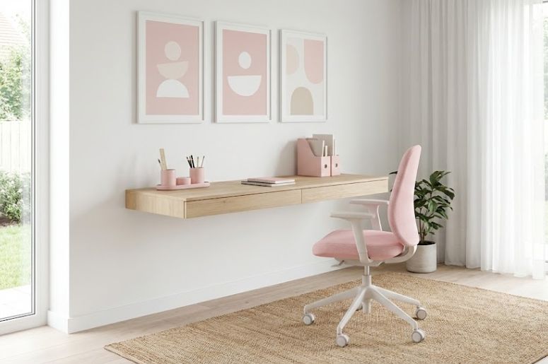Escrit&oacute;rio com decora&ccedil;&atilde;o e m&oacute;veis Rosa beb&ecirc;