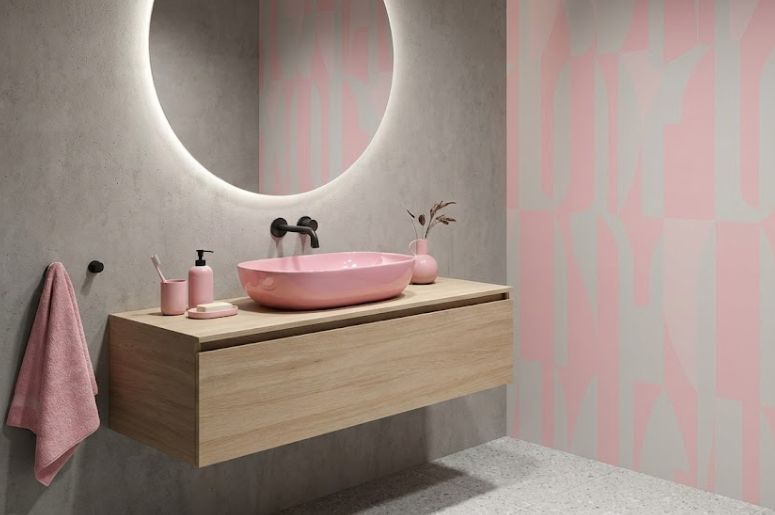 Lavabo com decora&ccedil;&atilde;o e m&oacute;veis rosa chiclete