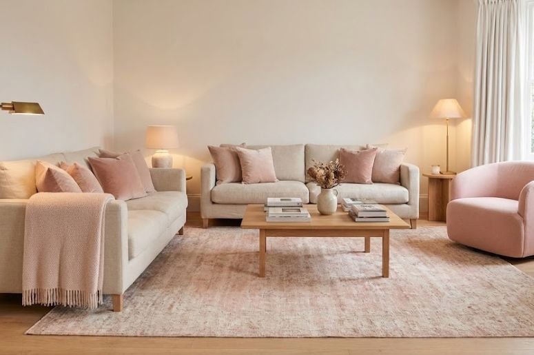 Sala com decora&ccedil;&atilde;o rosa claro