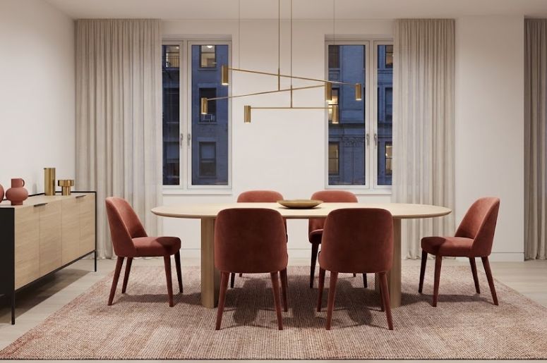 Sala de jantar com decora&ccedil;&atilde;o e m&oacute;veis Rosa queimado