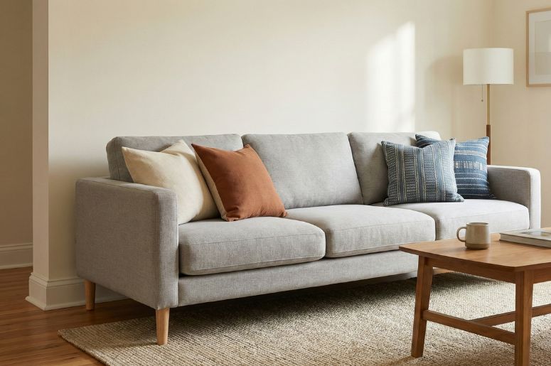 Sala decorada com sof&aacute; cinza