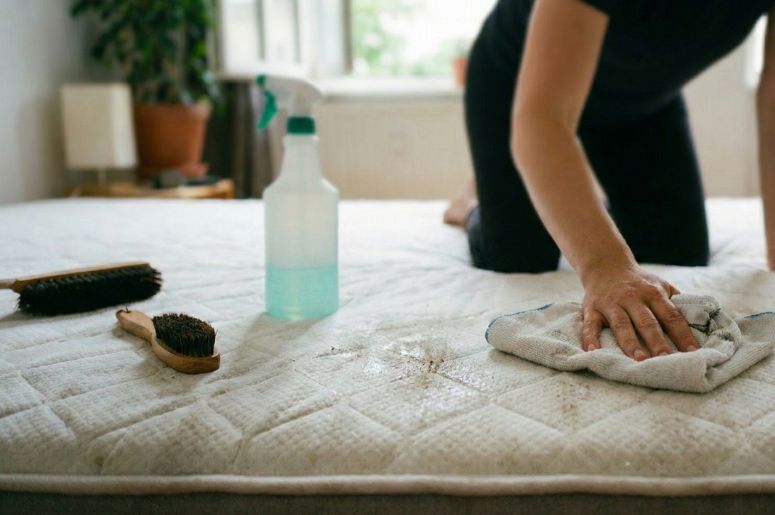 Pessoa com os materiais necess&aacute;rios para limpar o colch&atilde;o 