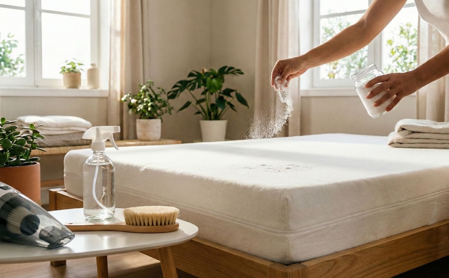 Pessoa limpando colch&atilde;o com bicarbonato e vinagre