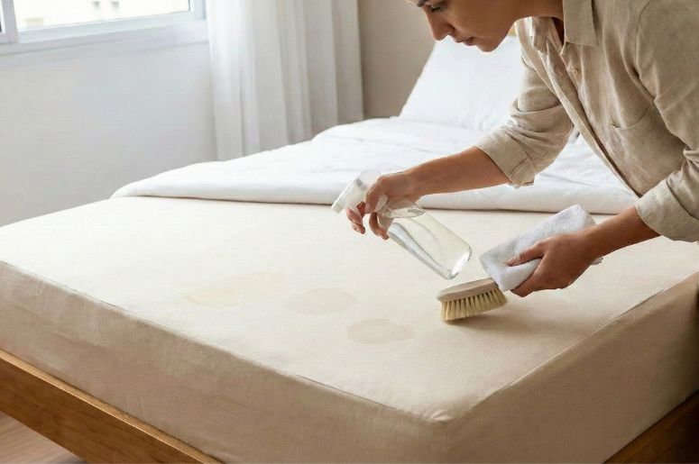 Pessoa limpando mancha do colch&atilde;o