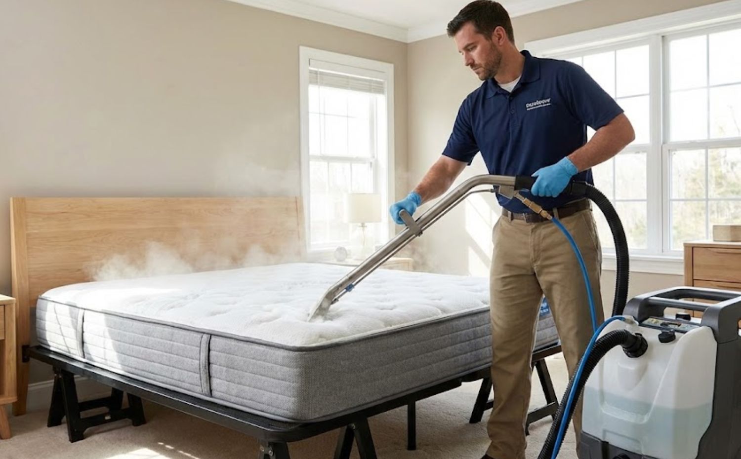 Profissional limpando colch&atilde;o 
