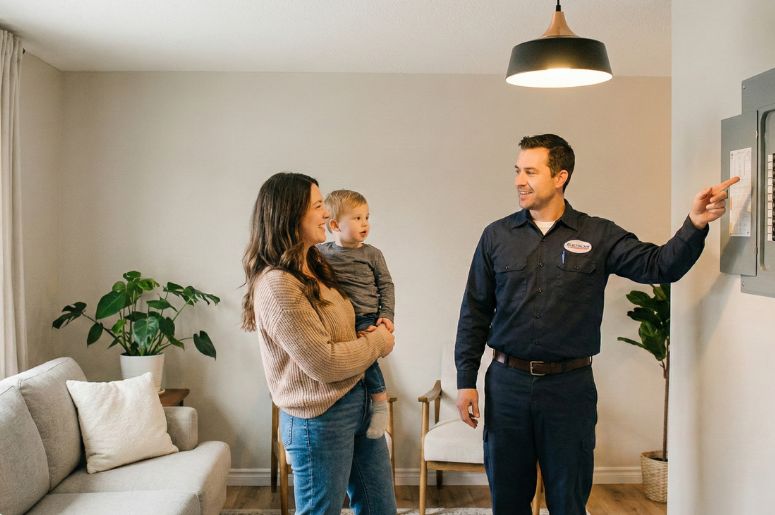 Eletricista mostrando seu trabalho para um casal