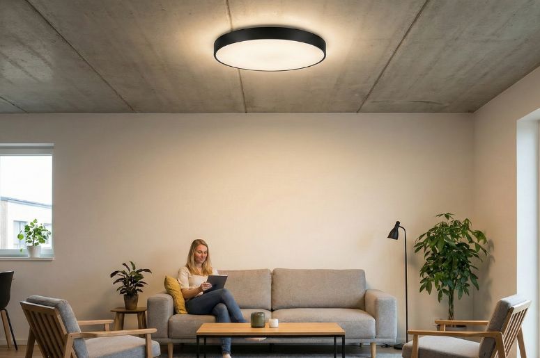 Sala com móveis modernos e iluminação com paflon