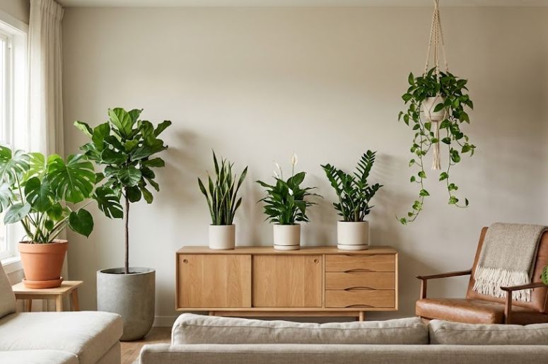 Sala de casa com diversos tipos de plantas