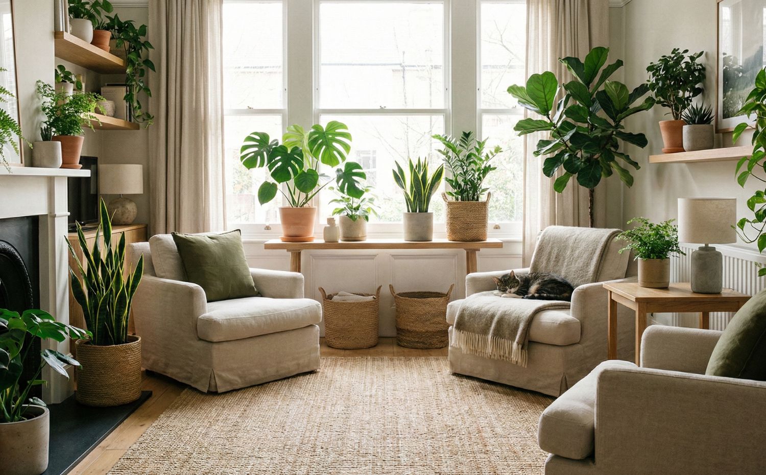 Sala com poltrona e muitas plantas e um gato