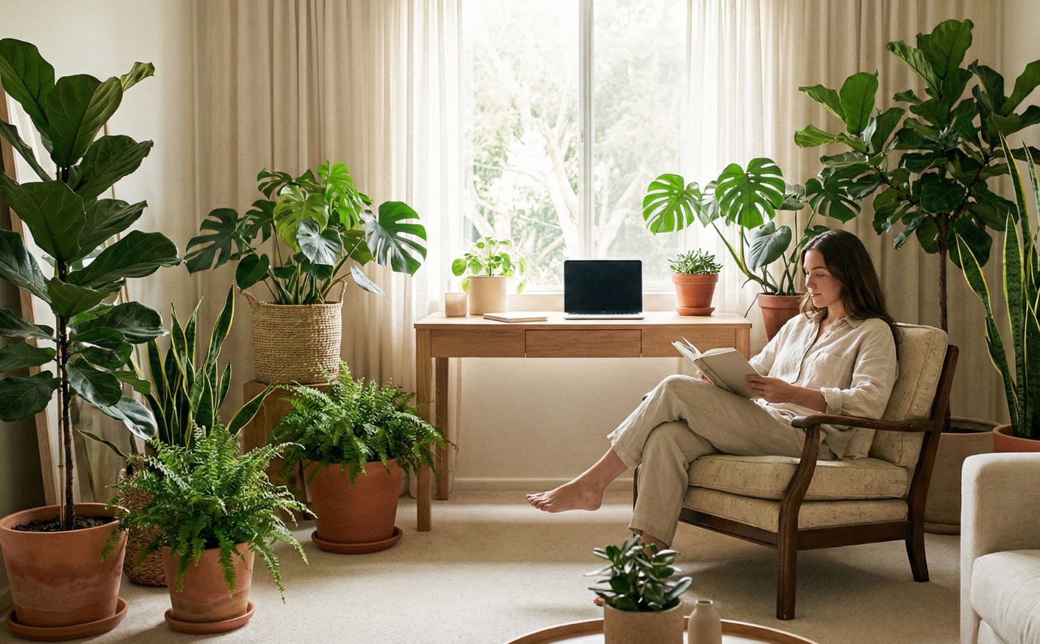 Mulher em escrit&oacute;rio com v&aacute;rias plantas na decora&ccedil;&atilde;o