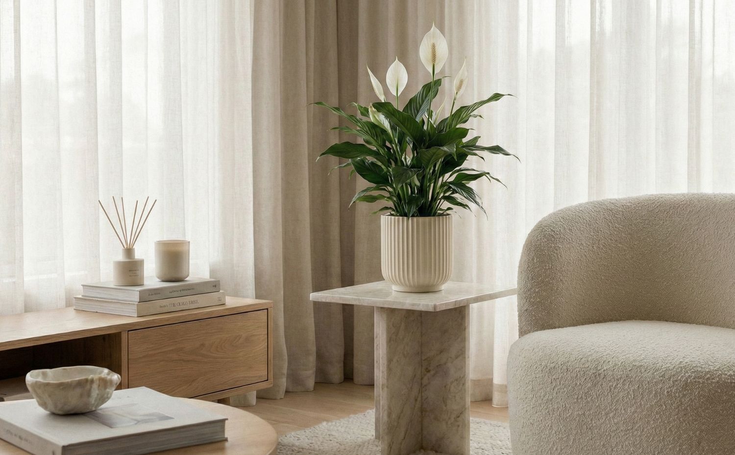 Sala com L&iacute;rio-da-paz na decora&ccedil;&atilde;o