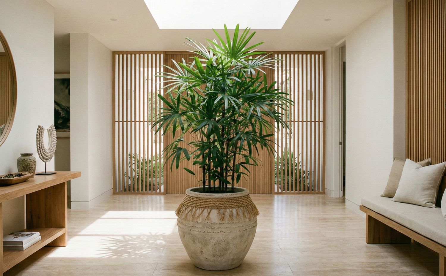 hall de entrada com decora&ccedil;&atilde;o com palmeira r&aacute;fia