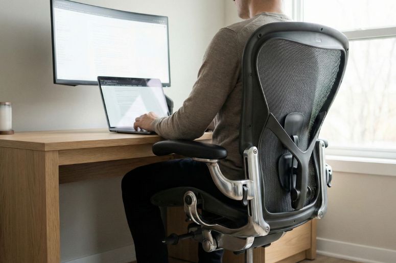 Homem sentado em escritório com cadeira ergonômica