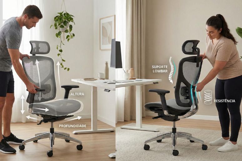 Pessoas mostrando como utilizar a cadeira egonômica