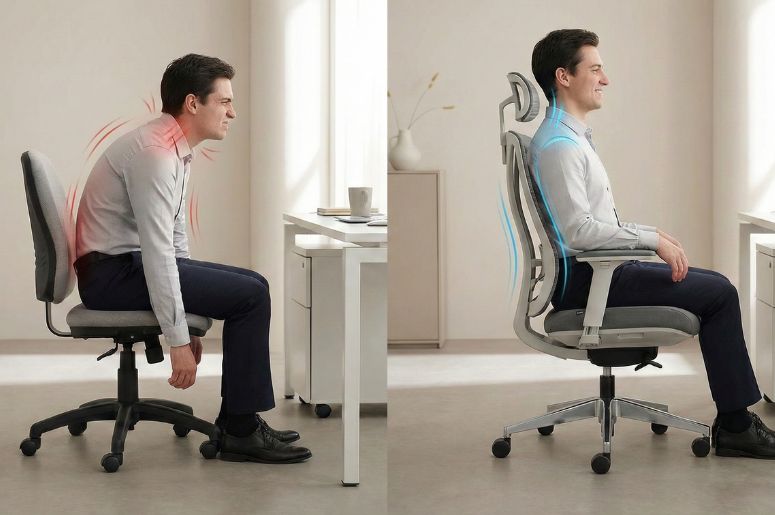 Comparativo mostrando o beneficios de usar uma cadeira ergonômica