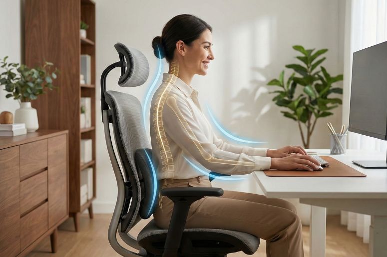 Mulher usando cadeira ergonômica