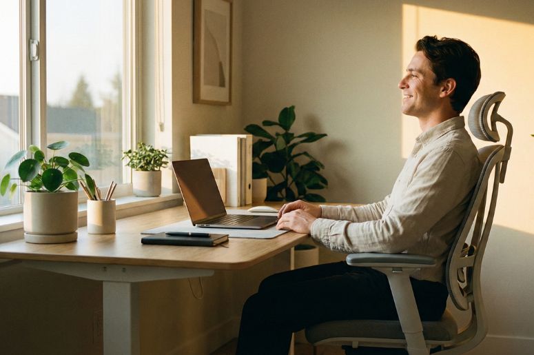 Homem trabalhando home office com uma cadeira ergonômica
