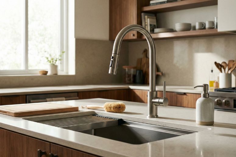 Cozinha com torneira prateada