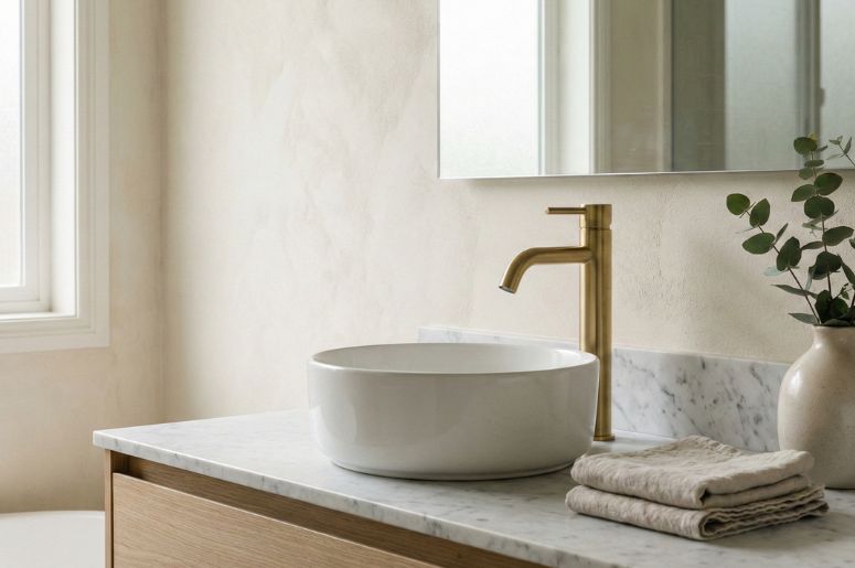 Banheiro com torneira dourada