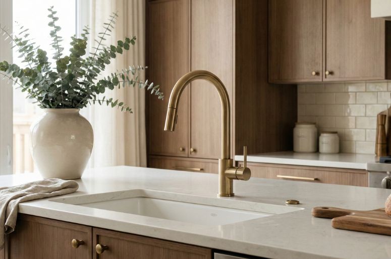 Cozinha com torneira dourada e planta de decoraçaõ