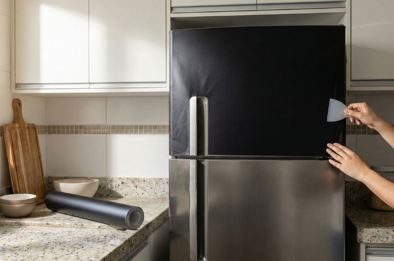 Pessoa envelopando geladeira