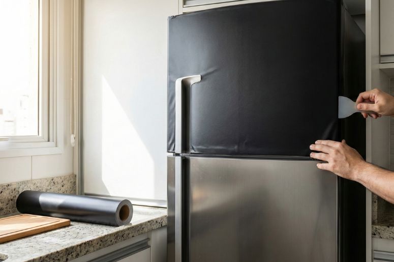 Pessoal envelopando de preto um geladeira inox