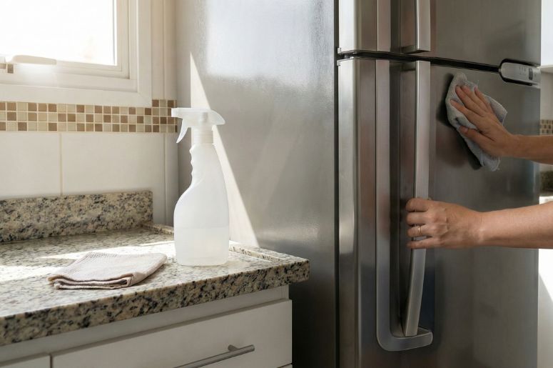 Pessoa limpando a superf&iacute;cie da geladeira