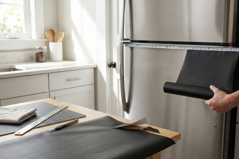 Pessoa medindo o adesivo para geladeira