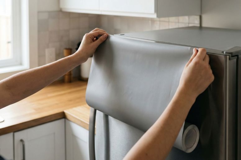 Pessoa aplicando o adesivo na geladeira