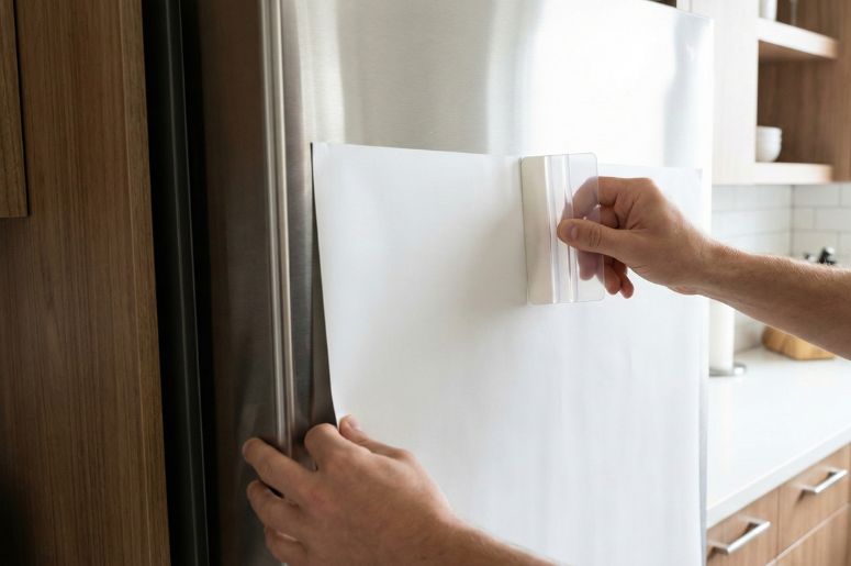 Pessoa fixando adesivo com esp&aacute;tula