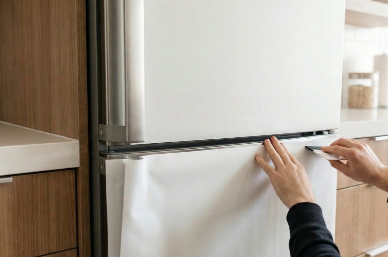 pessoa aplicando adesivo branco na geladeira