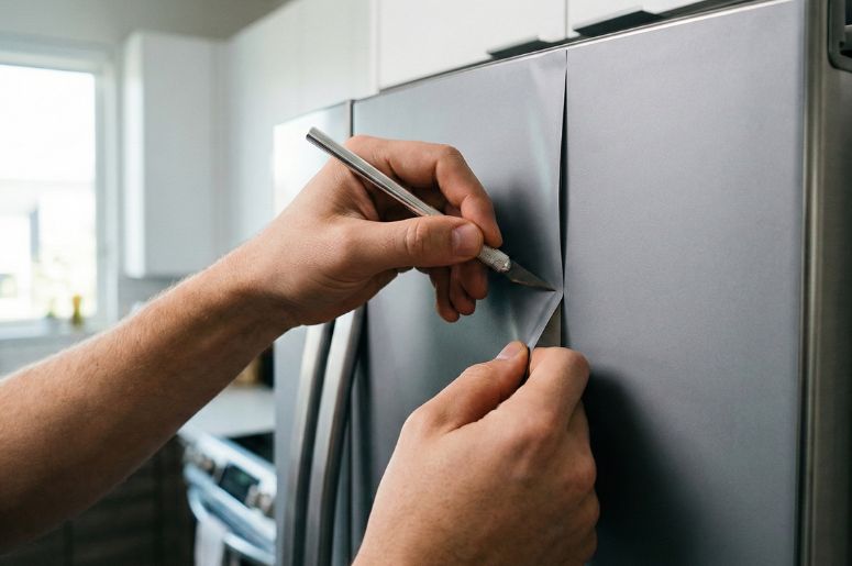 Pessoa cortando excessos de adesivo na geladeira 