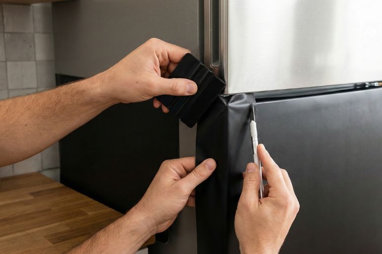 Pessoa fazendo o acabamento do envelopamento da geladeira 