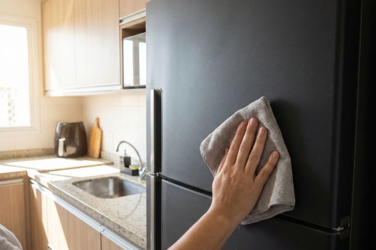 pessoa limpando geladeira envelopada