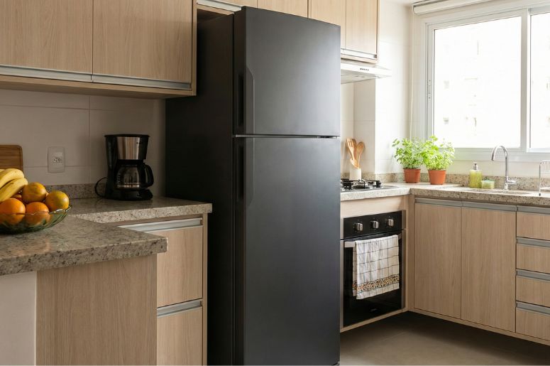 Cozinha com geladeira envelopada preta