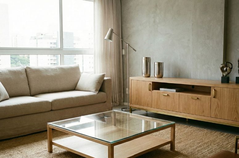 Sala de casa moderna com mesa de centro de vidro