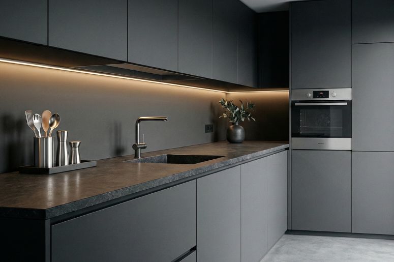 Cozinha preta com decoração moderna