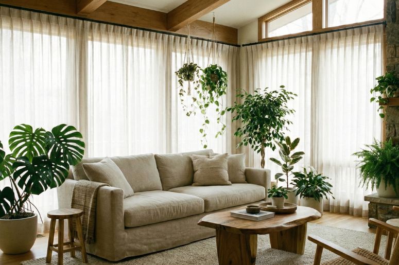 Sala moderna com decoração de biofílica e plantas