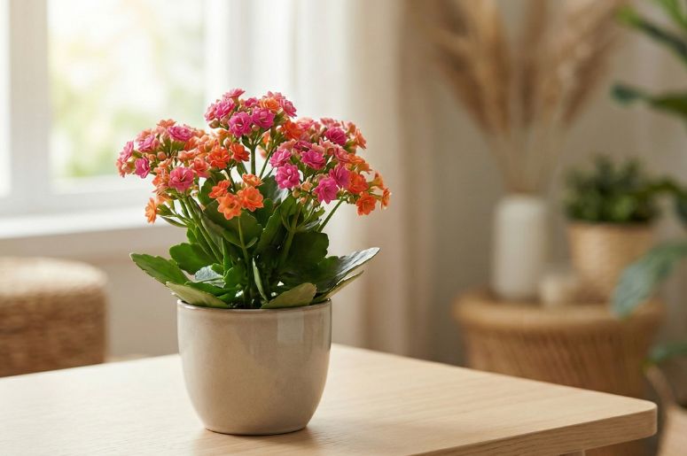 Vaso com uma flor-da-fortuna rosa e laranja