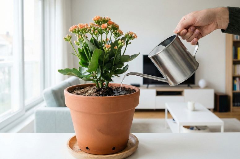 Pessoa regando uma flor-da-fortuna