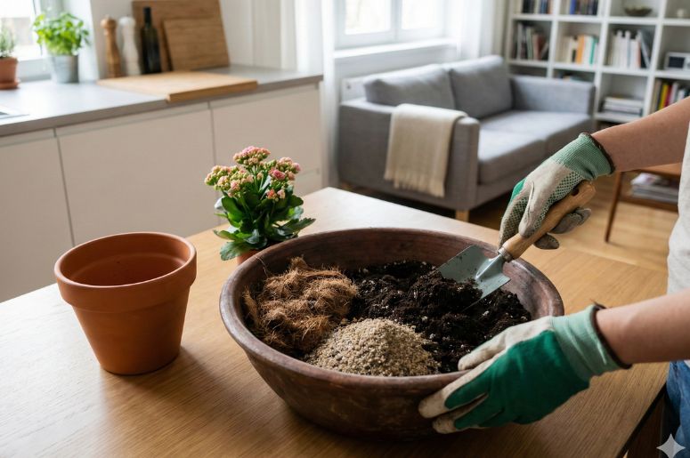 Pessoa preparando solo para um vaso de flor-da-fortuna