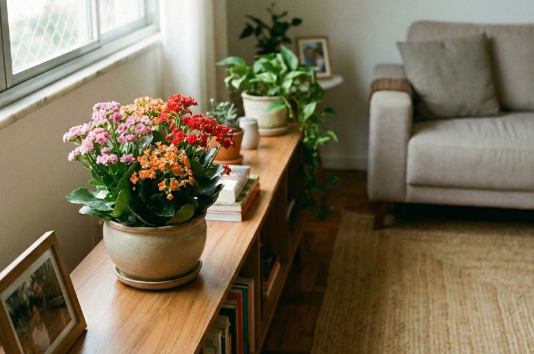 Sala com flor-da-fortuna na decora&ccedil;&atilde;o