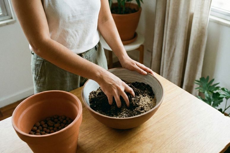 Mulher preparando solo de vaso