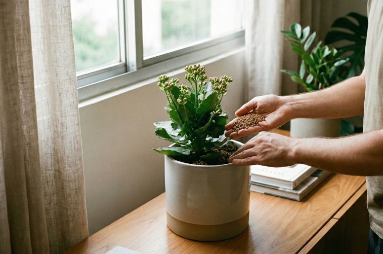 pessoa adubando um vaso com flor-da-fortuna