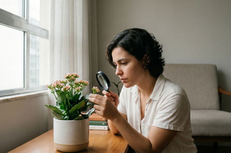 pessoa procurando pragas em um vaso de flor-da-fortuna