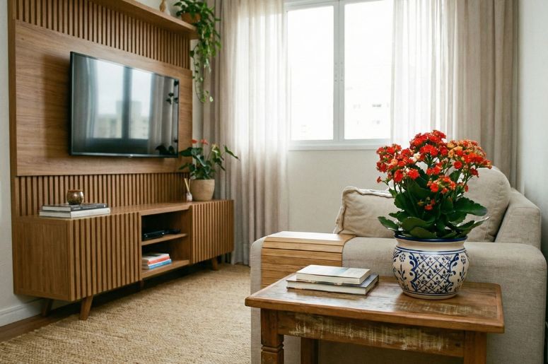 Sala decorada com flor-da-fortuna