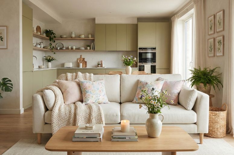 Sala com sof&aacute;, plantas e decora&ccedil;&atilde;o cottagecore