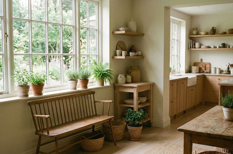 Cozinha com plantas e decora&ccedil;&atilde;o cottagecore